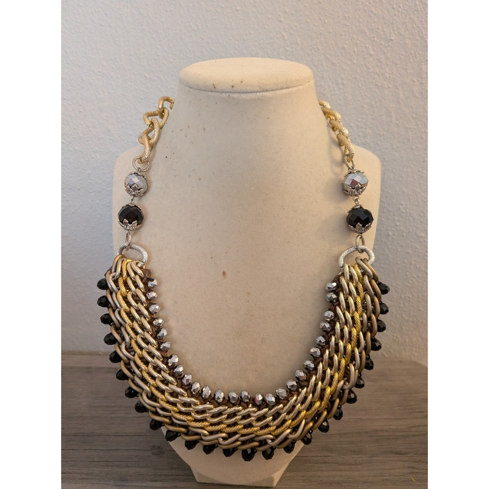 Mixed Metal Statement Bib Necklace Gold Silver Tone Multi Strand Beaded Chunky